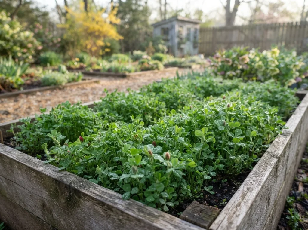 A home garden raised bed densely planted with young crimson