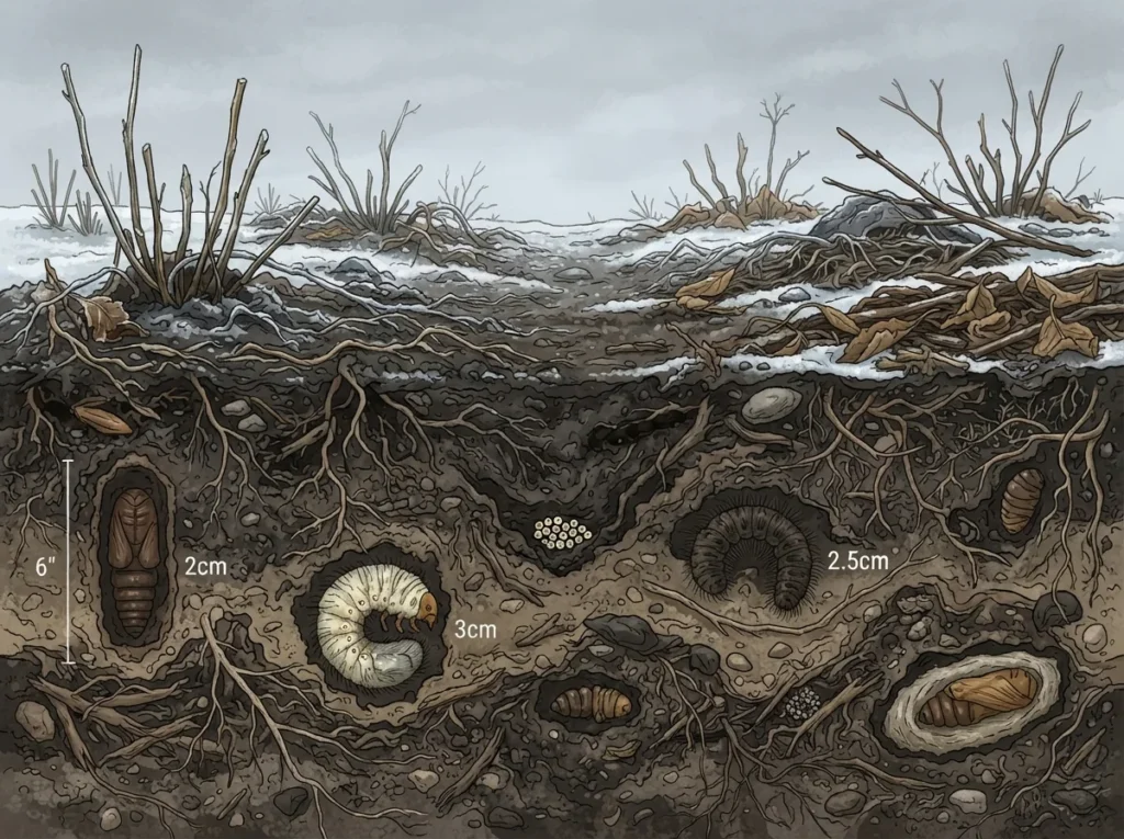 Cross-section illustration of garden soil in winter, showing insect pupae and larvae dormant beneath the surface