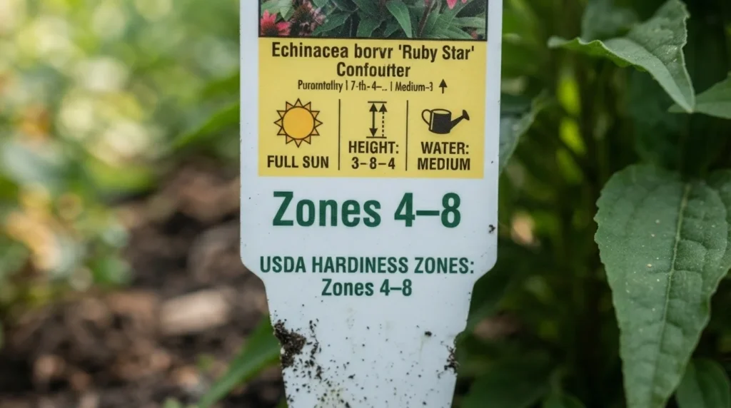 Close crop of a tag showing "Zones 4–8"