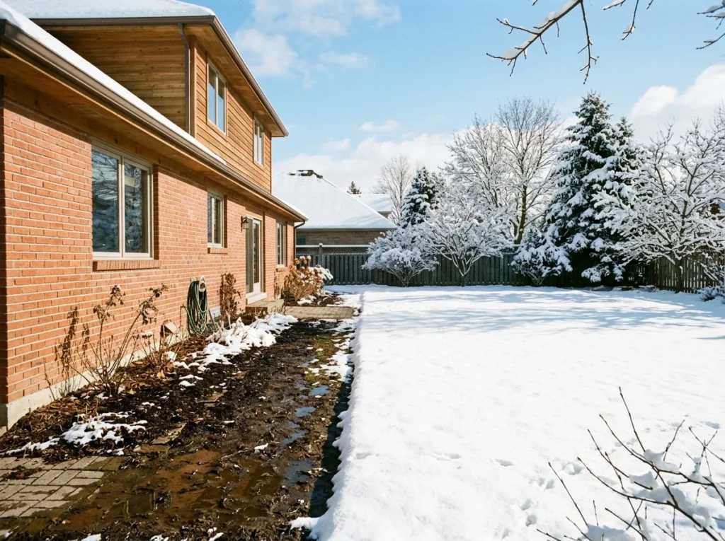 Snow melted along a south-facing wall while the lawn stays white