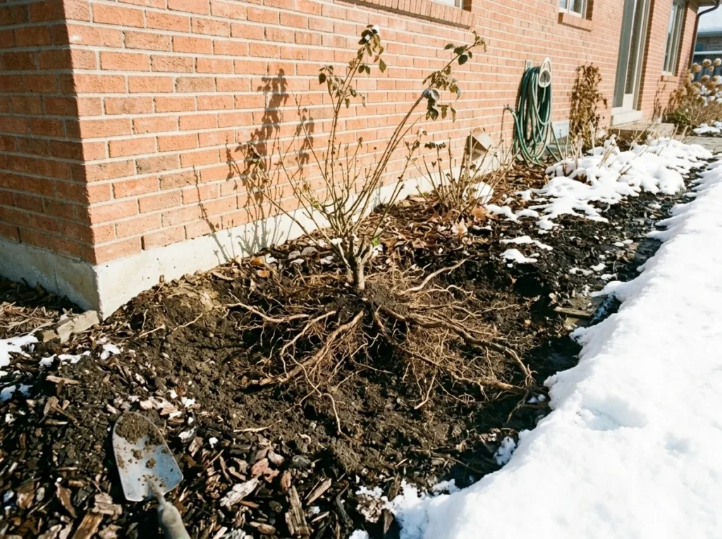 Mulch pulled back to show the root zone