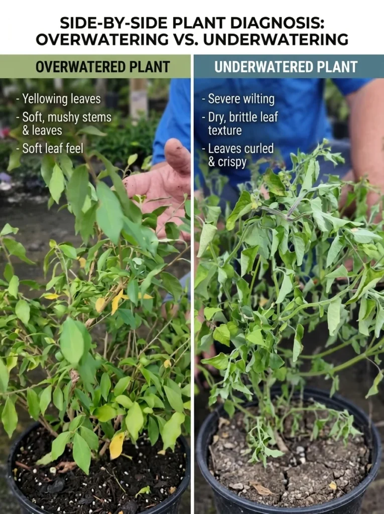 Overwatering vs. underwatering symptom comparison